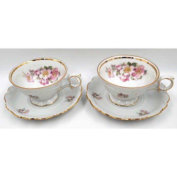 Two Schumann Arzberg Briar Rose Cup & Saucer Set Bavaria Germany Gold Trim 1950s - Picture 3 of 16